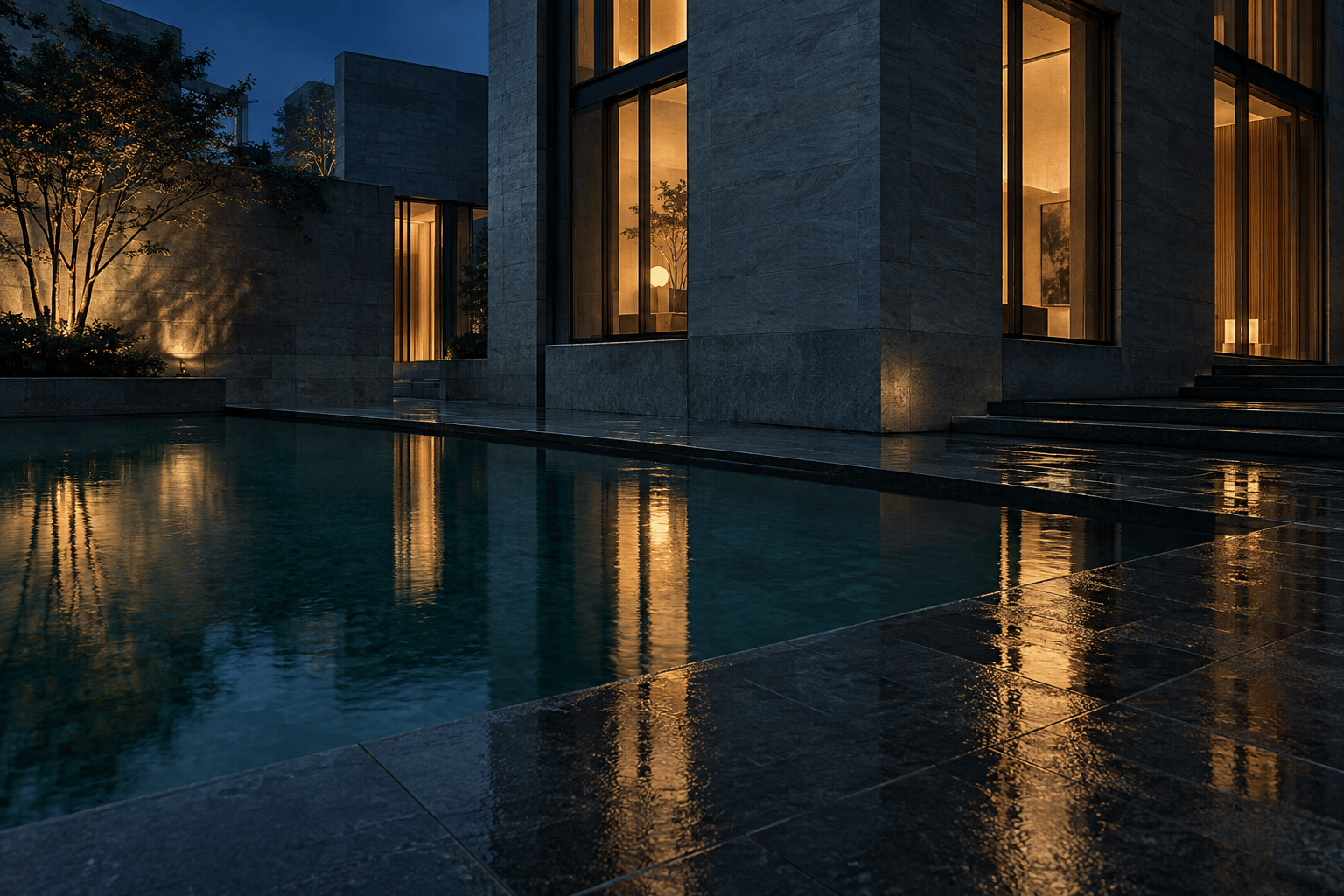 A quiet city building at blue hour with warm windows reflected in a rain-soaked street